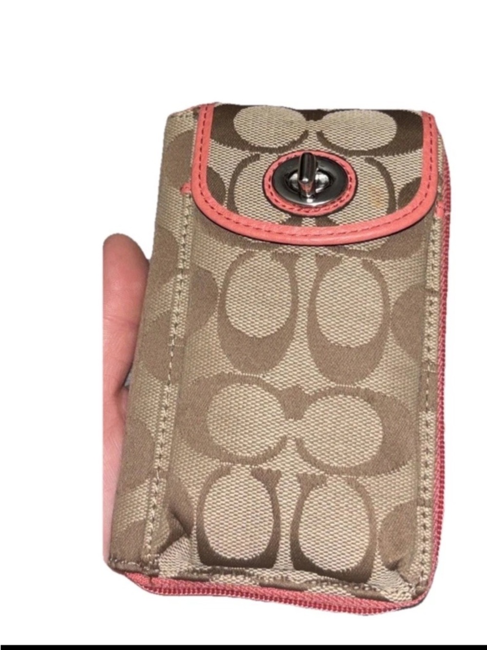 Coach Park Signature Zip Wallet Wristlet Khaki F50117 Brown Leather Clutch Coral